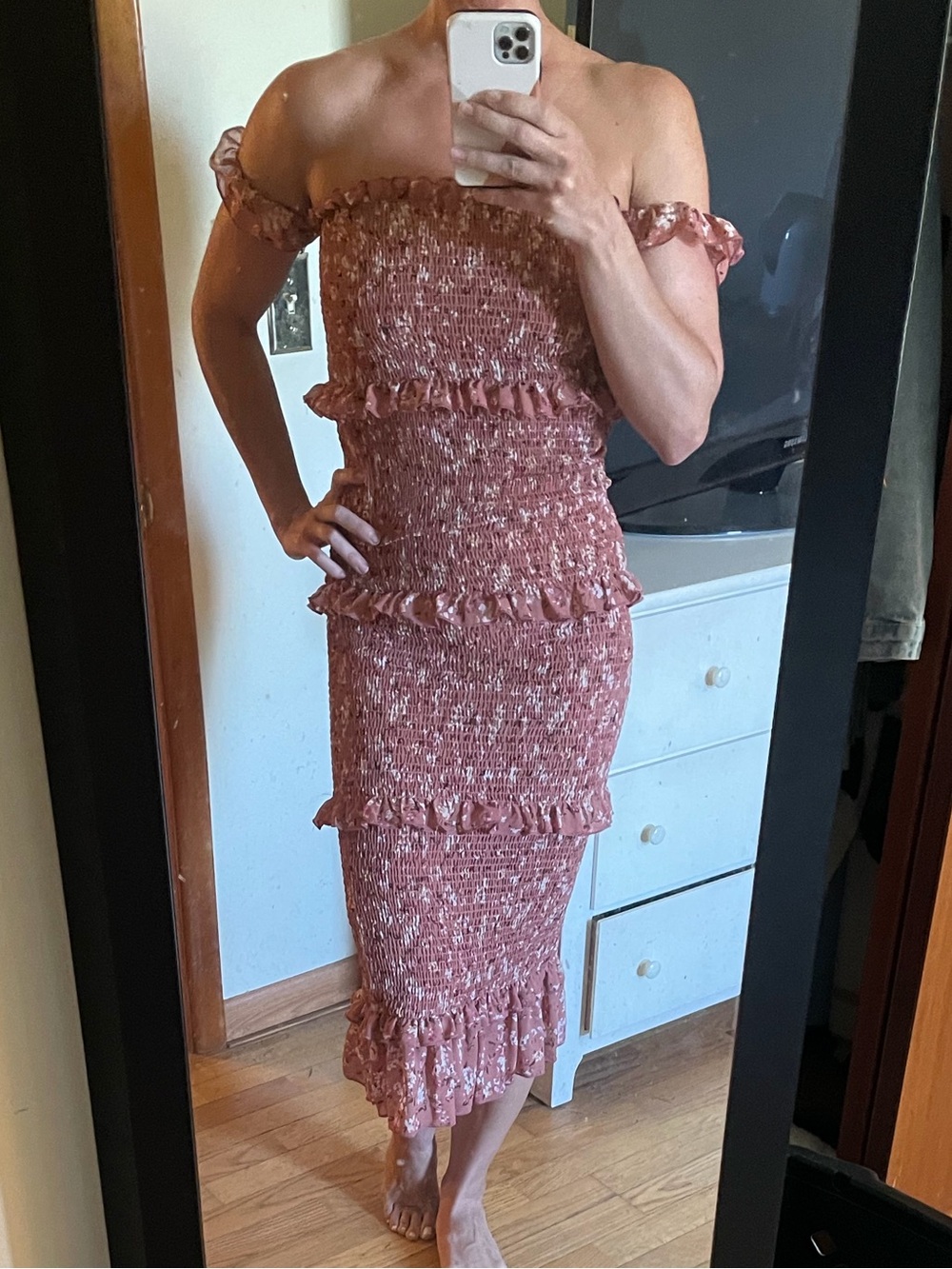 Off-Shoulder Pink Ruffled Midi Dress